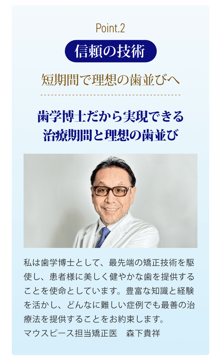 Point2 信頼の技術 短期間で理想の歯並びへ 歯学博士だから実現できる治療期間と理想の歯並び